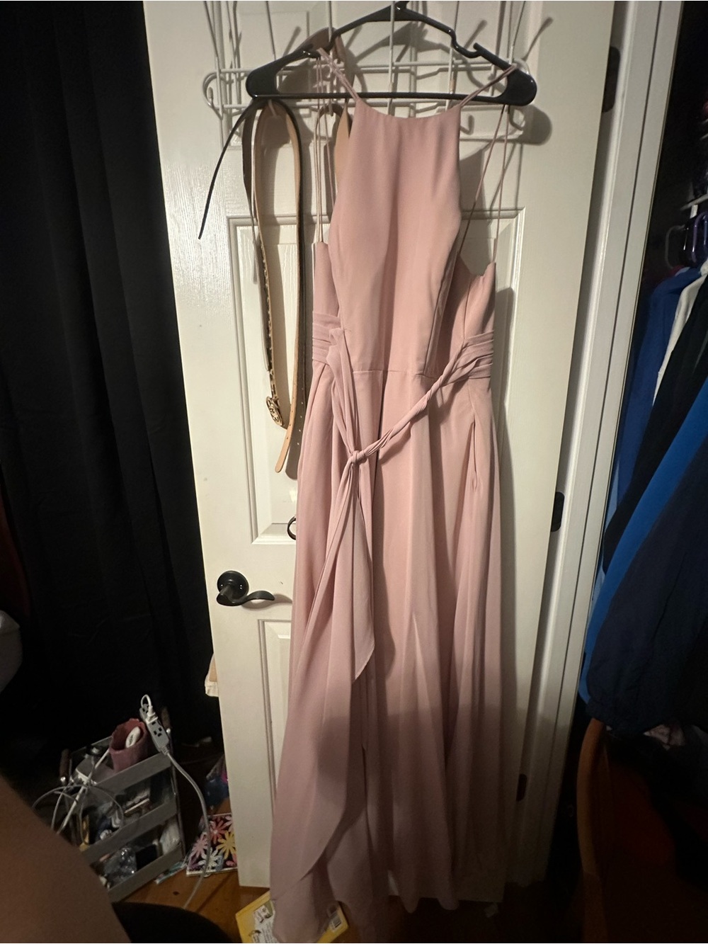 Christina Wu Dusty Rose Halter Maxi Dress with Waist Sash